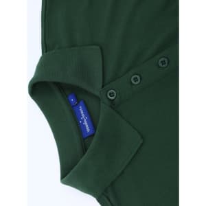 A green ladies' cotton/poly pique short-sleeve polo featuring a collar and button placket. It has a brand label.