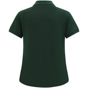 A green ladies' classic cotton/poly pique short sleeve polo with a collar and a logo.