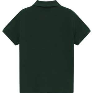 A dark green ladies' short-sleeve polo made of cotton/poly pique, featuring a collar and a logo.