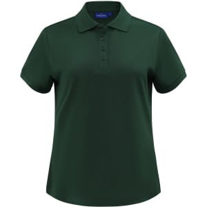 A dark green women's short-sleeve polo shirt with a collar and buttons, featuring a logo.
