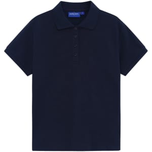 A navy blue short-sleeved polo shirt made from cotton and polyester, featuring a button-up collar and a logo.