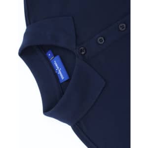 A navy blue polo shirt with a classic collar, featuring buttons and a tag inside.