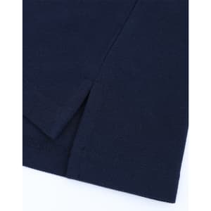 A navy blue ladies' classic cotton/poly pique short-sleeve polo featuring a side split detail. It has a logo.