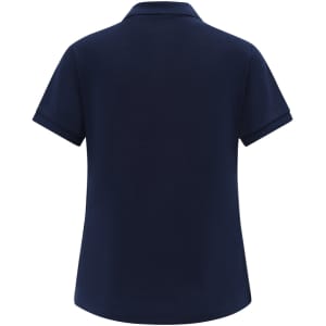 A navy blue ladies' classic cotton/poly pique short sleeve polo featuring a plain back and a collar.