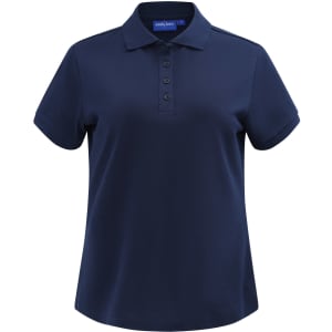 A navy short-sleeved polo shirt with a collar and buttons, featuring a logo on the chest area.