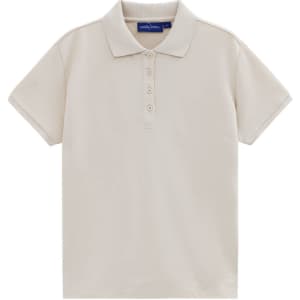 A classic short-sleeve polo in a beige hue, featuring a collar and button placket. Includes a logo.