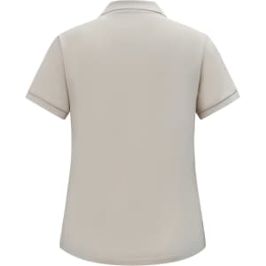 A beige ladies' short-sleeve polo shirt with a collar and logo detail on the back.