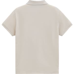 A light beige ladies' short-sleeve polo shirt with a collar, featuring a logo on the back.