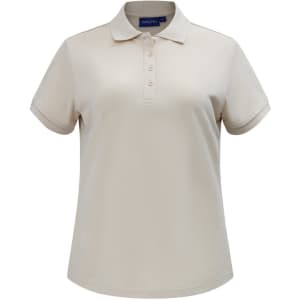 A ladies' short-sleeve polo in a light beige colour with a collar and buttons, featuring a logo.