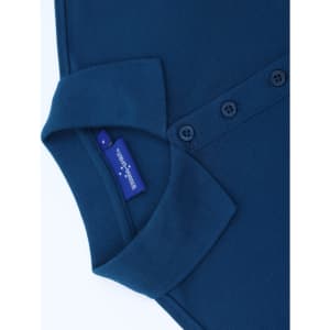 A navy blue ladies' classic cotton/poly pique short sleeve polo with a collar and button detailing. It has a logo tag.