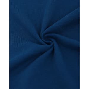 A close-up of navy blue cotton/poly pique fabric, showcasing a soft texture and smooth finish, with a logo present.