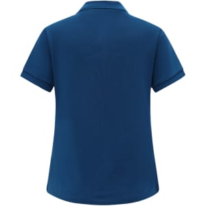 A navy blue ladies' short-sleeve polo shirt featuring a collar and a brand logo.