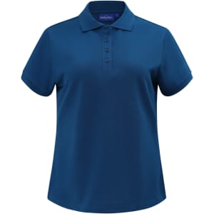 A navy blue ladies' classic cotton/poly pique short sleeve polo with a collar and a logo.