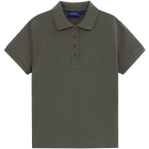 A short-sleeved polo shirt in an olive green shade, featuring a classic collar and a buttoned placket. It has a logo.