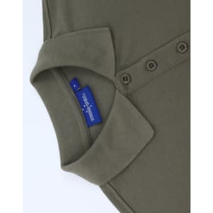 An olive green cotton/poly pique short-sleeve polo shirt with a collar and buttons, featuring a branding label.