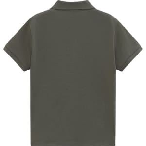 A dark green ladies' short sleeve polo shirt with a classic pique fabric and a logo on the back.