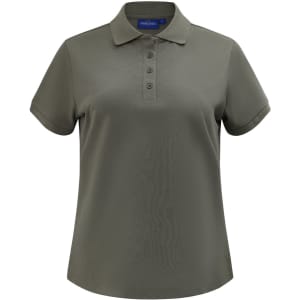 A ladies' short-sleeve polo in olive green with a collar and a button placket. It features a logo on the chest.