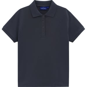 A navy blue short-sleeve polo shirt with a collar and five buttons, featuring a logo.