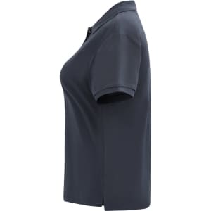 A navy blue ladies' classic cotton/poly pique short-sleeved polo shirt with a collar and a logo.