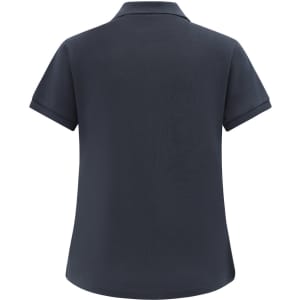 A navy short-sleeve polo shirt made from cotton and polyester, featuring a collar and a logo on the back.