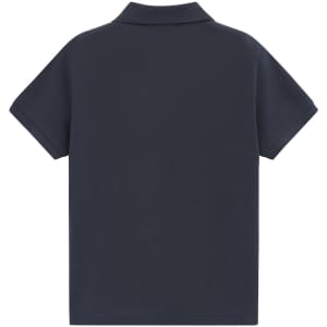 A navy blue short-sleeved polo shirt with a collar and a logo.