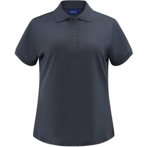 A dark grey ladies' short sleeve polo shirt with a collar and buttons, featuring a branded label inside.
