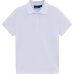A white ladies' classic cotton/poly pique short sleeve polo with a collar and buttons, featuring a logo.