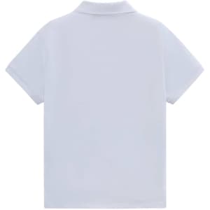 A plain white short-sleeved polo shirt with a collar and a logo.