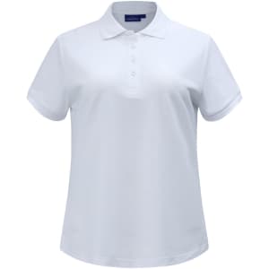 A white ladies' short-sleeve polo shirt with a classic pique weave and a logo on the collar.