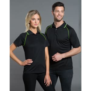 A black polo shirt for ladies with green accents, featuring a collar and short sleeves. Includes a logo.