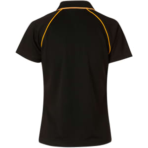 A black polo shirt with yellow accents and a logo on the back.