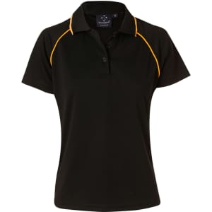 A black polo shirt with orange accents and a logo on the chest. Short sleeves and a classic collar design.