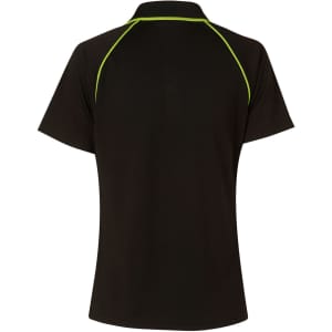 A black ladies cooldry raglan short sleeve polo featuring contrasting green piping and a logo.