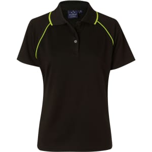 A black ladies polo shirt with green accent lines and a collar, featuring a logo on the front.
