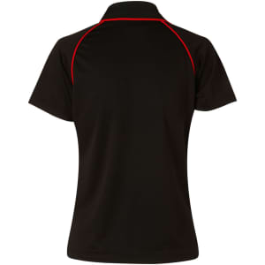A black ladies polo shirt featuring short sleeves and red accents, with a logo on the back.