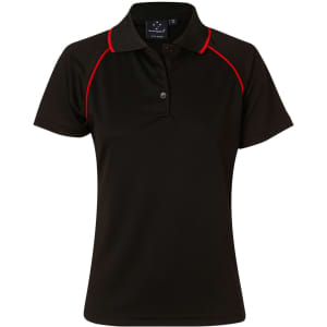 A black polo shirt with red detailing, featuring a collar and short sleeves, and includes a logo.