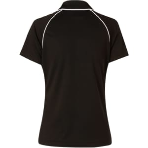 A black ladies Cooldry raglan short-sleeve polo shirt with contrasting white piping and a logo.