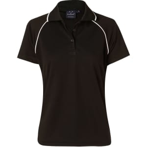 A black ladies polo shirt with white piping, featuring a collar and short sleeves, along with a branding logo.