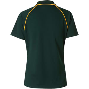 A dark green polo shirt with raglan sleeves and yellow piping, featuring a logo on the back.