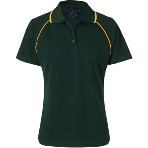 A dark green polo shirt with yellow accents and a collar, featuring a branding logo.