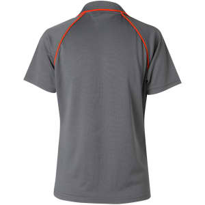 A grey polo shirt with short sleeves and orange accents, featuring a logo on the back.