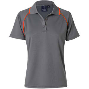 A grey ladies polo shirt featuring a collar and orange piping, with a logo on the chest.