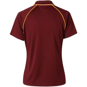 A maroon polo shirt with short sleeves, featuring yellow contrast stitching and a logo on the back.