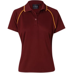 A maroon polo shirt with yellow detailing and a collar, featuring a branding logo.