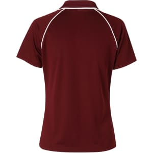 A maroon ladies polo shirt with short sleeves and white piping, featuring a logo.