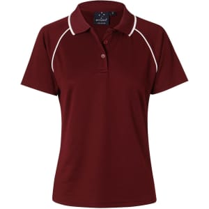 A maroon ladies polo shirt featuring a white trim and a small logo on the chest. Short sleeves and a classic collar.
