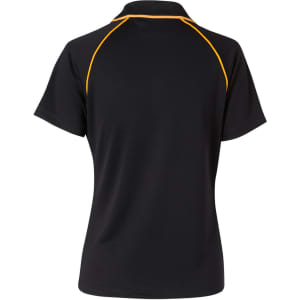 A black short-sleeved polo shirt with yellow piping and a logo on the back. Stylish and casual design for ladies.