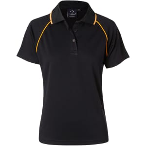 A black polo shirt with orange accents and a collar, featuring a logo on the chest.