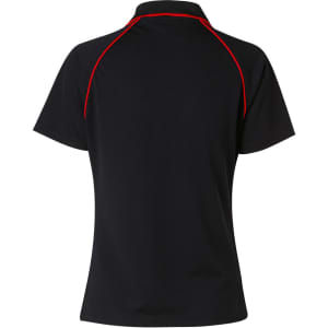 A black short-sleeve polo shirt with red raglan detailing and a collar, featuring a logo.