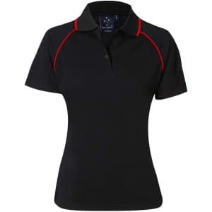 A black ladies' polo shirt with red accent stitching and a collar, featuring a logo on the front.